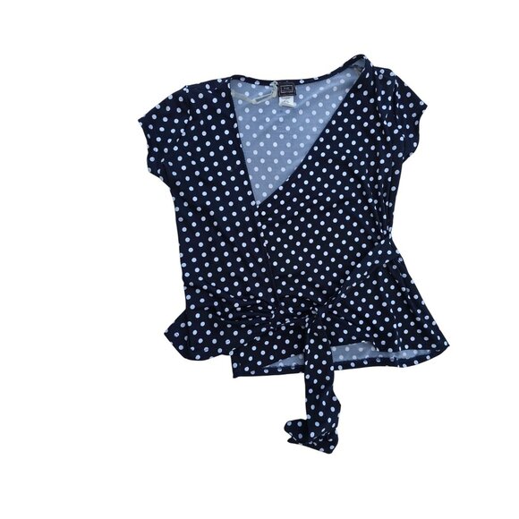Womens Navy & White Polka Dot Wrap Top With Cap Sleeves Size M - Picture 1 of 5